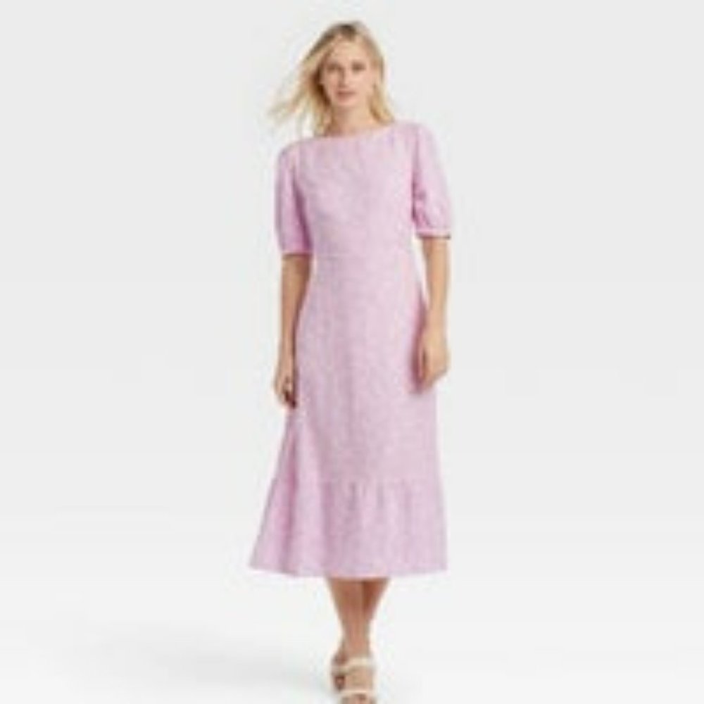 Who What Wear lavender floral linen elbow sleeve tie back midi maxi dress